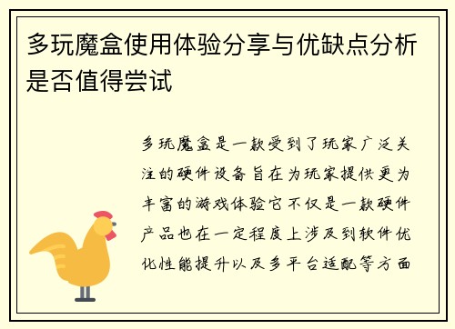 多玩魔盒使用体验分享与优缺点分析是否值得尝试